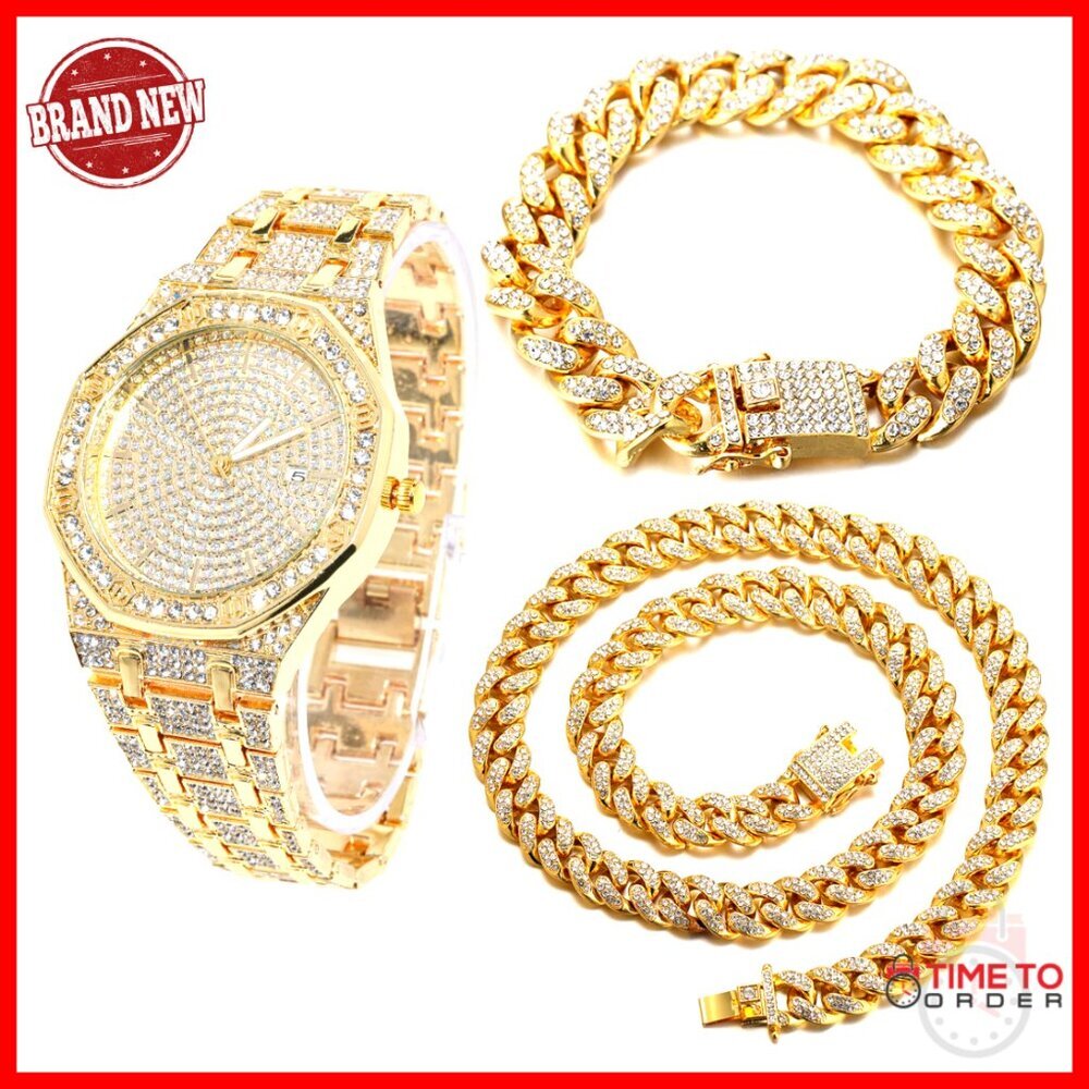 Men's Diamond Watch & Cuban Link Chain Set, 40mm Octagonal Dial, Quartz Movement
